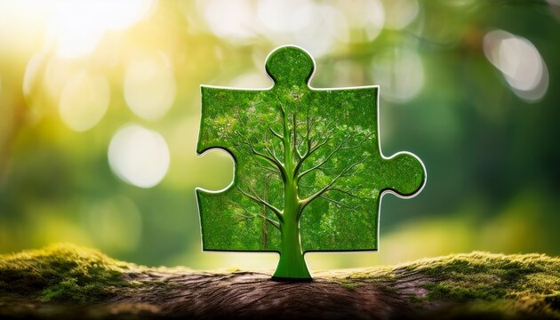 green puzzle piece shaped like a tree on a blurred natural background