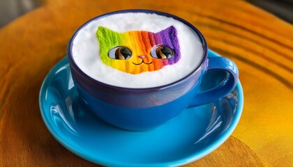 colorful cat themed cappuccino in a blue mug with a rainbow design
