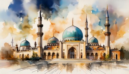 watercolor painting of a majestic mosque with domes and minarets under a cloudy sky