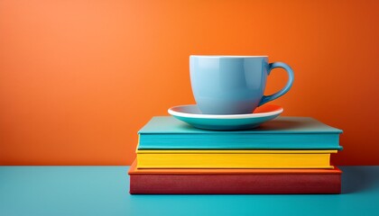 coffee cup on a colorful book stack with a vibrant background