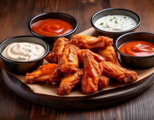 a high resolution photorealistic image of a boneless chicken wings platter with buffalo sauce and bleu cheese sauce served on a brown paper surrounded by small black cups of ranch dressing