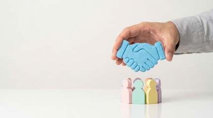 handshake, partnership, agreement, collaboration, teamwork, business deal, community. Hand holding icon over colorful figures symbolizing corporate trust, success, and recruitment strategy.
