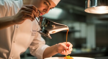 Chef carefully plating food in a professional kitchen.