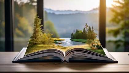 open photo book featuring nature scenes resting on table in a bright living space