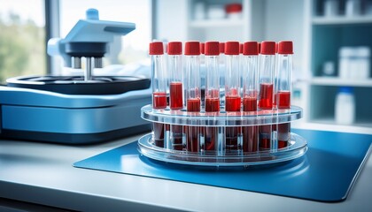 rack of blood tubes with samples in centrifuge tray with tubes and samples in workbench of the lab