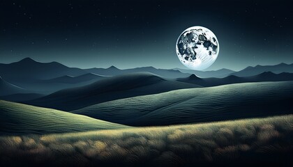 serene dark landscape with rolling hills under a full moon