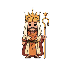Charming King with Crown and Staff, Cartoon Character, Religious Figure