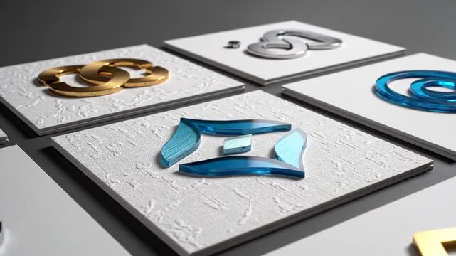 Modern abstract metallic and glass shapes on textured tiles