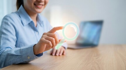 search, magnifying glass, digital, discovery, find, browse, scanning concept with professional woman pointing at virtual icon for web optimization and information retrieval