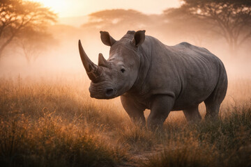 Fototapeta premium A powerful White Rhinoceros with a large, prominent horn stands alert in a golden, misty savanna as the early morning sun filters through the trees.