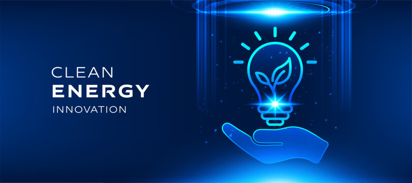 Clean energy innovation concept with glowing light bulb and green leaf symbol on dark blue background. Hand holding eco idea light, representing sustainable power, vector illustration