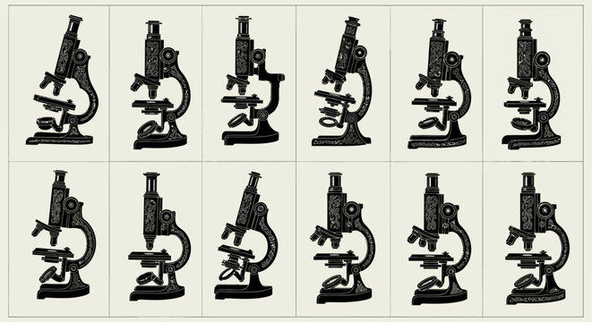 Vintage black microscope vector pattern on light background, scientific research illustration, biology, chemistry, education