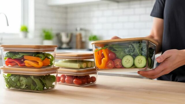 Caucasian woman storing fresh vegetables in glass food containers with bamboo lids on kitchen counter for meal prep