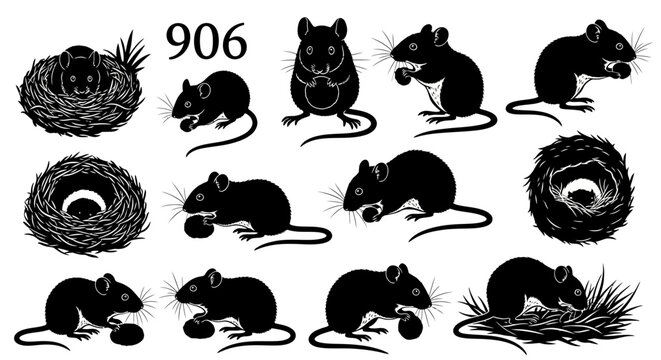 Black vector mouse and rat silhouettes with nests, various poses, isolated on white