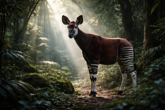 An elegant Okapi with its characteristic zebra-like leg stripes standing in a lush, misty rainforest as beams of sunlight filter through the dense canopy.