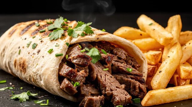 A close-up, appetizing presentation of a wrap sandwich and fries