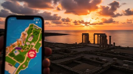 A hand holding a smartphone with a map in front of ancient ruins at sunset