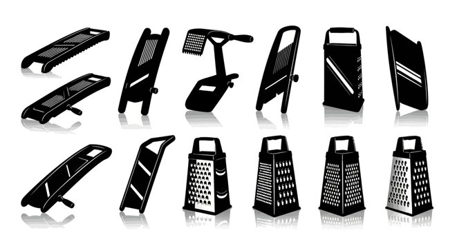 Vector black kitchen graters and mandolines set, food preparation tools, cooking equipment icons isolated on white