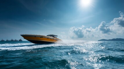 Fototapeta premium Speeding Luxury Motorboat on Vibrant Blue Ocean with Clear Sky and Sunlight Reflections in Tropical Paradise Setting
