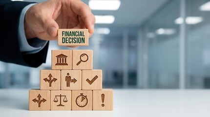 financial decision, business strategy, investment planning, risk management, wooden blocks, corporate success, decision making concept with businessman hand building a solid foundation.