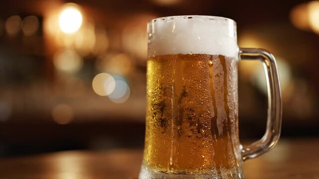 A close-up of a chilled beer mug, filled with amber liquid and white foam