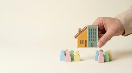 real estate, housing, property, investment, community, urban planning, insurance concept showing a hand holding house and office icons over people for social development.