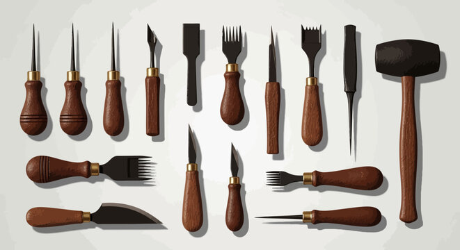 Leather crafting tools vector illustration set with awls, knives, mallets, and punches, isolated on white