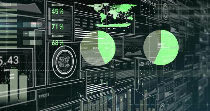 On load dashboard animating, percent readouts appearing, pie charts sliding, showing live analytics