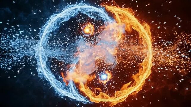 Yin Yang symbol made of swirling fire and ice energy with glowing cores