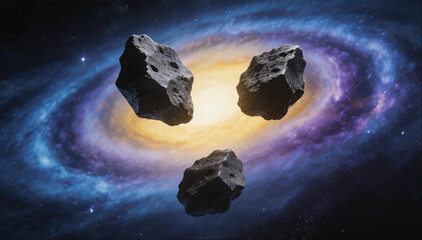 A vector illustration of meteorite fragments orbiting in a common orbit in outer space, with a spiral galaxy in the background. © Dzianis