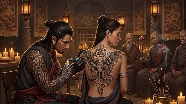 Skilled artist meticulously tattooing an intricate design on a woman's back, observed by wise elders in a traditional, warmly lit studio