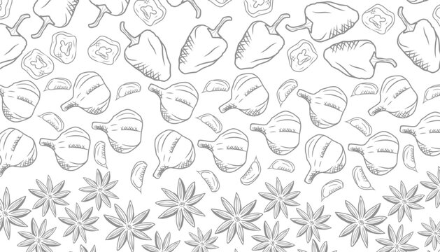 Seamless pattern with star anise. Chilli pattern. Garlic seamless pattern.Hand drawn spice illustration. Black and white aromatic kitchen background.