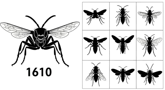 Black vector wasp and bee insect silhouettes set, detailed flying and standing bug icons, isolated on white