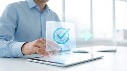 checkmark approval business technology digital success verification of a businessman using a tablet in a modern office with futuristic holographic interface for quality control.