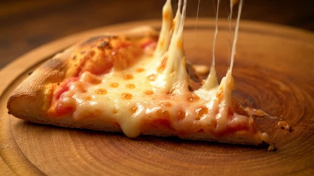 A close-up shot of a cheesy pizza slice, melted cheese strings