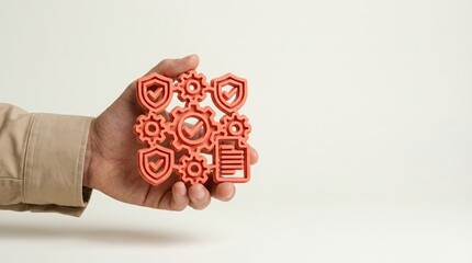 Compliance Security System Regulation Management Process Quality standards being held by a professional hand, illustrating business risk protection and regulatory governance.