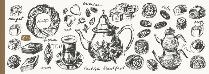 Fototapeta premium Traditional Turkish tea ink sketches set. Teapot, glass, dates, nuts, sweets, baklava, locum, nougat. For food background, cafe menu