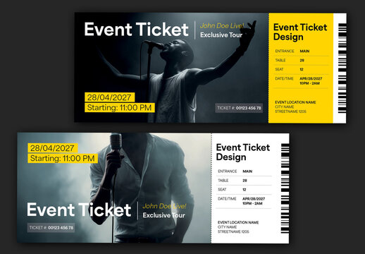 A modern event ticket design template for music or company event