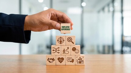 employee experience, human resources, business management, corporate culture, employee engagement, leadership, strategy concept with businessman hand building pyramid of wooden blocks.