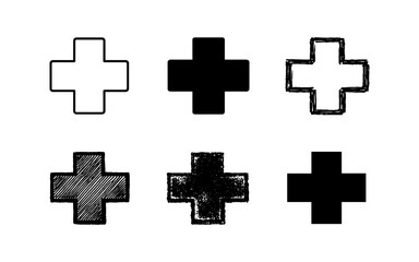 Fototapeta premium Collection of six different plus sign icons in various styles and textures on a white background