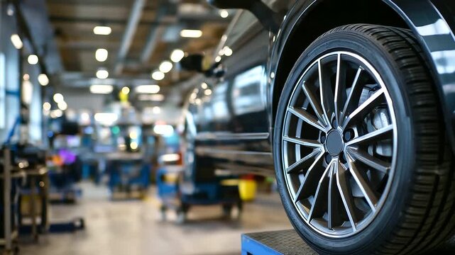 Automobile maintenance action automotive workshop, car wheel close-up, industrial environment viewpoint, vehicle care concept, service detail, with copy space