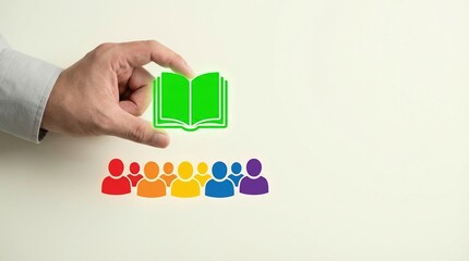 education, book, learning, inclusivity, diversity, knowledge, community concept with a hand holding a glowing textbook icon over a colorful rainbow group of people for training.