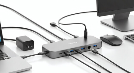 USB Hub with Multiple Cables and Devices on a White Desk