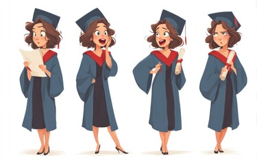 Young woman in graduation attire poses with diploma illustrations
