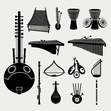 African musical instruments black silhouette icon collection. Includes kora, balafon, djembe, marimba, flute, and stringed instruments. Created in flat monochrome style with black and white