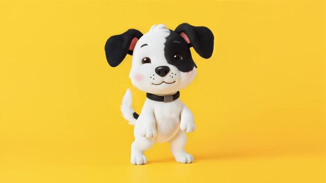 Cartoon dog dancing happy on yellow background, 3D animation, seamless loop.