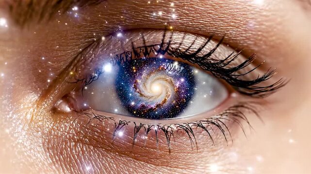 Human Eye Opening to Reveal a Rotating Spiral Galaxy with Detailed Skin Texture and Ethereal Cosmic Light