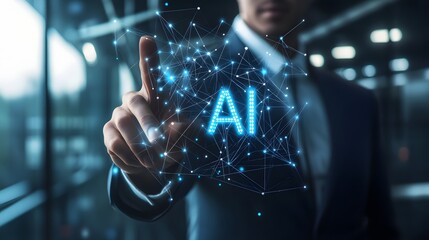 Professional person interacts with glowing digital interface representing machine intelligence.