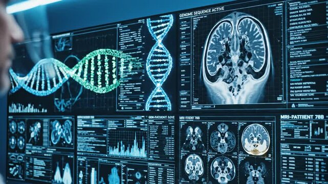 Over-the-shoulder shot of man analyzing dna helix and brain scans on glowing screens. Futuristic biotechnology lab visualizing genetic data and neural images. Neuroscience research with digital