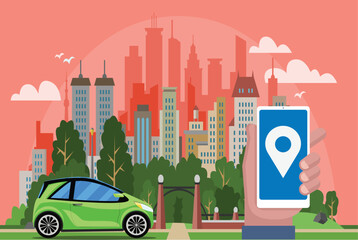 Modern flat vector illustration of an online taxi booking service. The image features a bright orange taxi car parked in front of a bustling city skyline with skyscrapers and a clear blue sky. © herawan